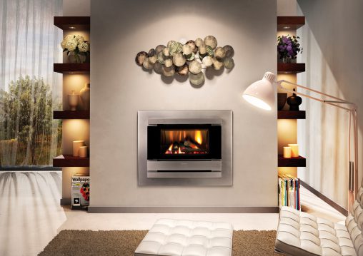 Cannon Fitzroy Profile Powerflue (RRP $4,399), with electronic ignition and controls, three heat and fan speed settings and realistic eucalyptus-style logs.