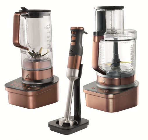 Electrolux Masterpiece Copper Collection This fashion-forward benchtop appliance set comprises a Blender (RRP $429), an Immersion Blender (RRP $219) and a Food Processor (RRP $649). 