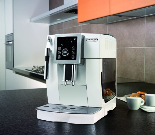 De’Longhi White Compact Fully Automatic Coffee Machine (ECAM23210W, RRP $1,099) Compatible with beans or pre-ground coffee, this machine houses a patented thermoblock to heat up water for infusing coffee and to create the steam for texturing milk, whilst being both energy and water efficient.  