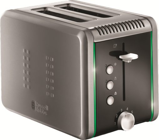 The Russell Hobbs Colour Control toaster (20170AU, RRP $79.95) features a light strip that changes colour at 25 per cent intervals from blue to purple to red to green. 