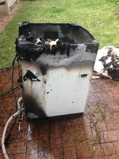 The damage to a recalled Samsung washer after a fire broke out. Photo: Fire & Rescue NSW