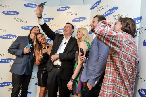 Alex 'Chumpy' Pullin,  Sally Fitzgibbons, Arno Lenior, Chief Marketing Officer, Samsung Electronics Australia, Jess Gallagher, James Magnussen, and Scotty James at the Samsung Galaxy S5 launch.