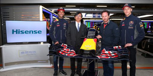 Aussie F1 driver Daniel Ricciardo, Hisense CEO Dr Lan Lin, Red Bull Racing team principal Christian Horner and Russian driver Daniil Kvyat.