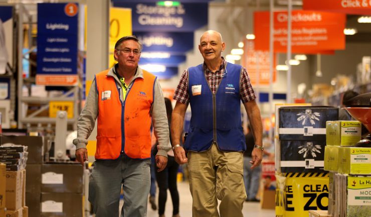 Mature aged workers Peter Kitson-Crowe 66 (left) and Ronny Brennan 64 (right) walk amongst the merchandise at their work, Masters Home Improvement in Chullora, Sydney. In the past Peter has been in banking and financial advising and Ronny has worked for the South Sydney council, in earth moving and a locksmith and both have worked at Masters for the past three years. 4th June, 2015. Photo: Kate Geraghty
