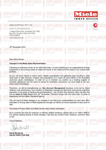 A copy of the letter sent by Miele to its Chartered Agents.