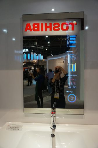 Wake up in the morning to all your vital stats, displayed on this Toshiba prototype bathroom mirror. 