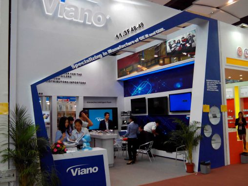 Viano's stand at a recent Asian trade fair. The company will be exhibiting again in Hong Kong next month.