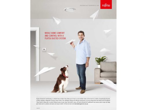An example of the print creative for Fujitsu General's latest campaign (white margins added).