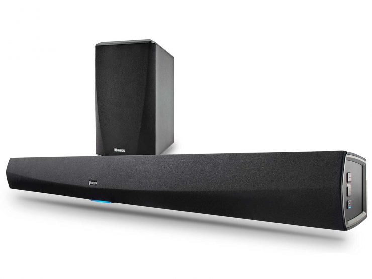 The Denon HEOS HomeCinema Soundbar and Subwoofer system connects wirelessly to any flat-screen TV.