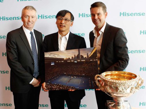 CEO Tennis Australia Craig Tiley, Dr Lan Lin CEO of Hisense, and Todd Woodbridge