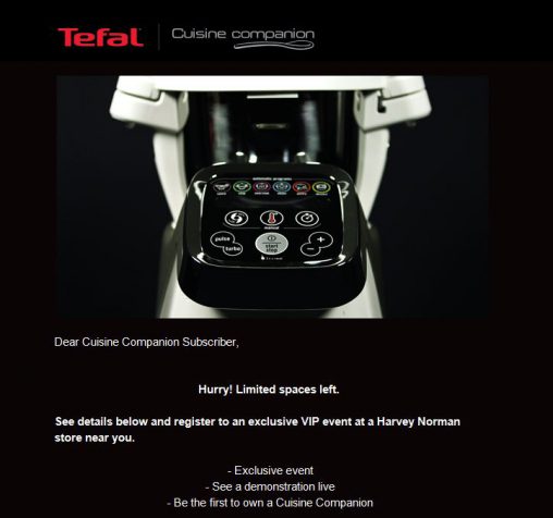 A screenshot of the email inviting customers to Tefal's VIP demonstrations.