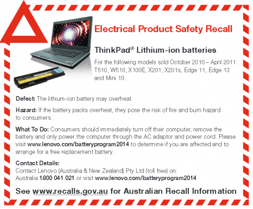 Recall notice for Lenovo Thinkpad batteries 