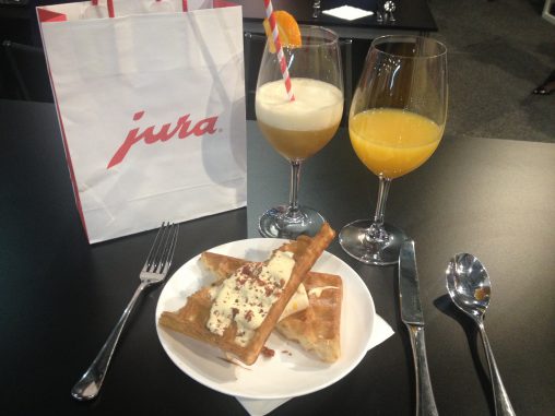 The Jura breakfast: waffles with coffee-flavour cream and bacon dust  and a coffee and orange juice mocktail. 